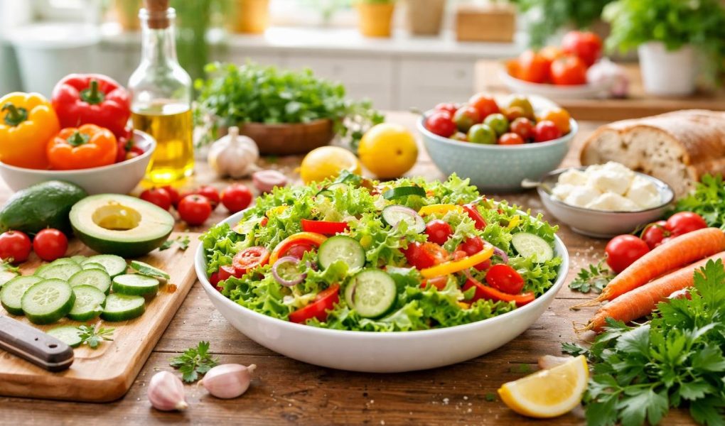 table-colorée-salade-laitue-concombres-poivrons