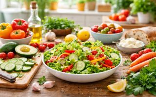 table-colorée-salade-laitue-concombres-poivrons