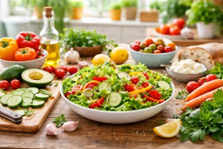 table-colorée-salade-laitue-concombres-poivrons